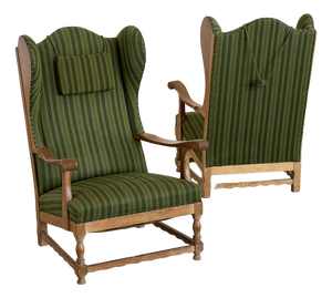 Scandinavian Oak Wingback Lounge Chairs in Striped Wool, 1940s, Set of 2