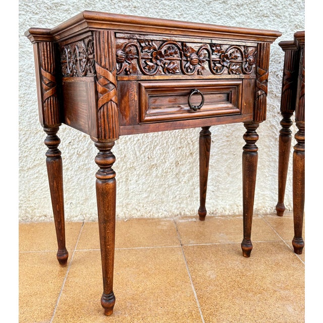 Pair of Spanish Carved Oak Nightstands With Drawer, 1930s For Sale - Image 4 of 15
