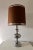 A vintage midcentury 1970's Italian Design XL large Chrome Table lamp with original brown with chrome trim lampshade....
