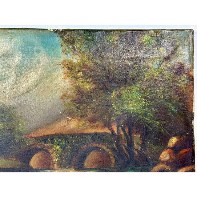 Antique Folk Art Oil Painting Scenic Church Bridge Setting, artist signed & dated For Sale - Image 4 of 10