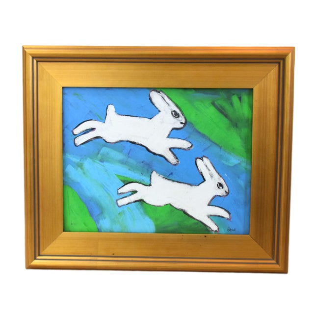 2020s Original Folk Art Bunnies Rabbits Hare Painting by Ruth Arenz Including the Antiqued Gold Wood Fame For Sale - Image 5 of 5