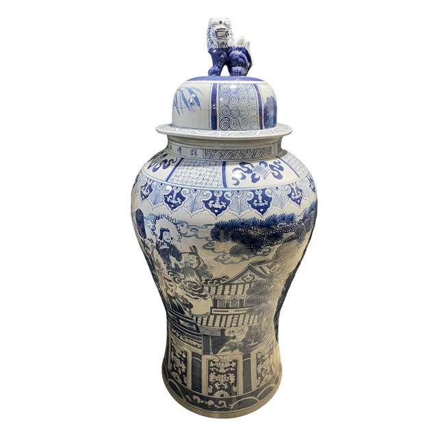 1980s Mansion Size Chinoiserie B & W Porcelain Ginger Jar W/Figures 47" H For Sale - Image 5 of 7