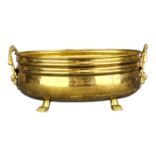 Vintage Brass Jardiniere Planter With Lion Head Handles and Feet For Sale