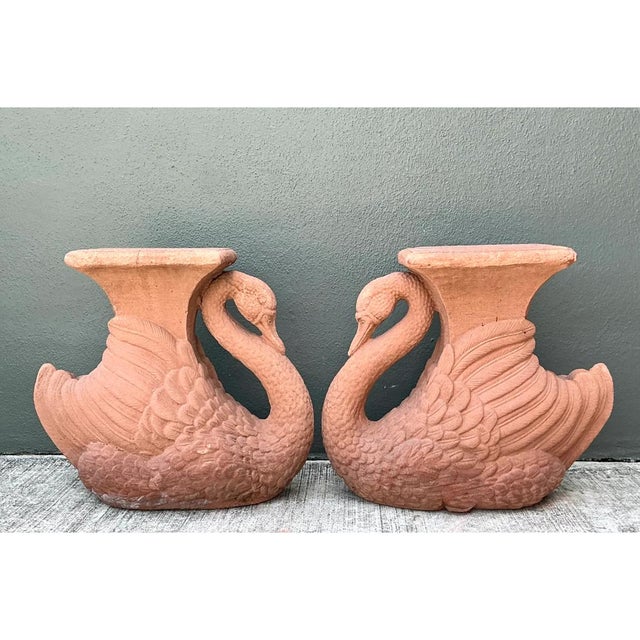 This pair of vintage cast cement swan stools showcases charming figural craftsmanship, each piece sculpted in the graceful...