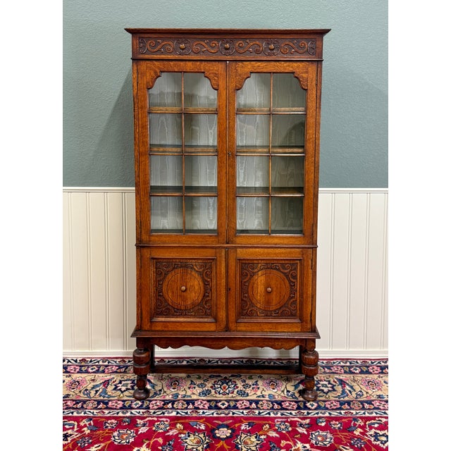 Antique English Bookcase Bookshelf Cabinet Double Door Wavy Glass Oak c.1930s For Sale - Image 4 of 17