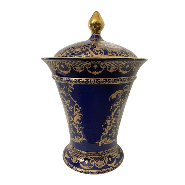 This Vintage Limoges France Cobalt Blue Gold Courting Couple Handpainted Urn stands at 16 inches tall, making it a...