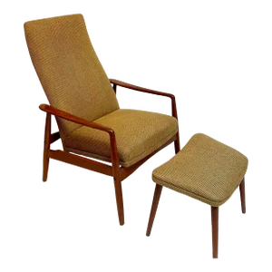 1960s Danish Vintage Teak and Upholstered Reclining Lounge Chair & Ottoman, by Sl Mobler