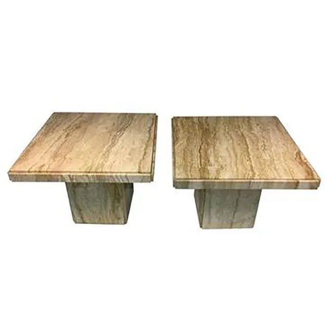 An exceptional pair of Italian end or side tables in beautiful travertine, circa 1970. Stamped, "Made in Italy."