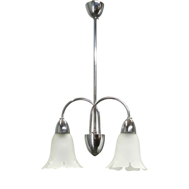 Vintage Pendant Light in Chrome and Floral Glass by Elektroinstala Děčín, 1950s For Sale