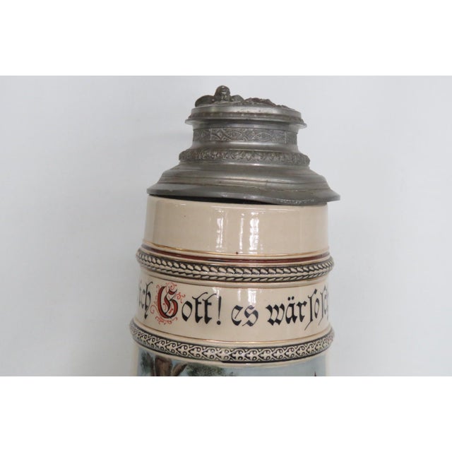 Tan Early 20th Century Marzi and Remy Tall Extra Large Ceramic Pewter Lidded Beer Stein For Sale - Image 8 of 16