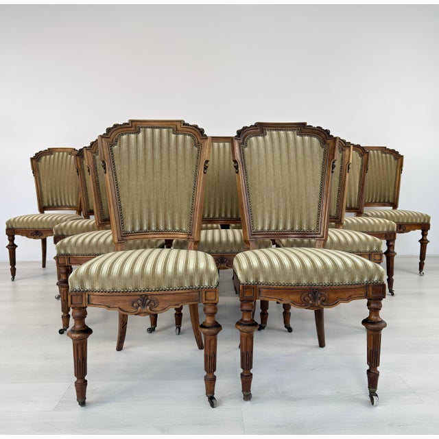 Dimensions: H 39” x W 18.3” x D 23.5” x SH 19” Set of 12 Vintage Louis XVI style dining chairs by J. Warin Meubles with...