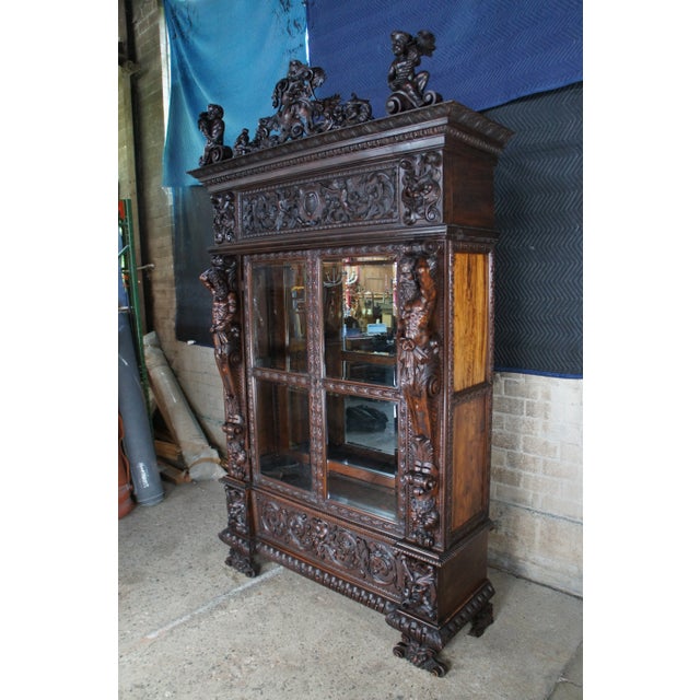 R. J. Horner & Co. Pair Monumental Antique Italian Renaissance Figural Mahogany Bookcases Curio Cabinet For Sale - Image 4 of 12