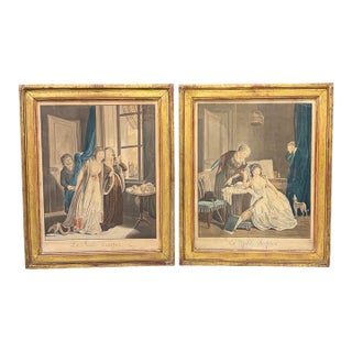 Matching Pair of Late 18th Century Desnoyer Artwork: French Color Engravings Framed in Period Gold Leaf Frames For Sale
