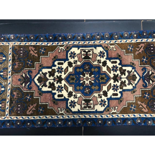 Vintage Turkish Anatolian Handmade Wool Brown and Blue Small Rug For Sale - Image 4 of 6