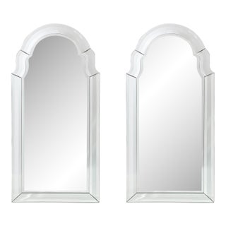 Pair of Mid-Century Modernist Serifed Arch Form Mirrors With Beveled Detailing For Sale