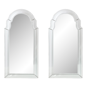 Pair of Mid-Century Modernist Serifed Arch Form Mirrors With Beveled Detailing