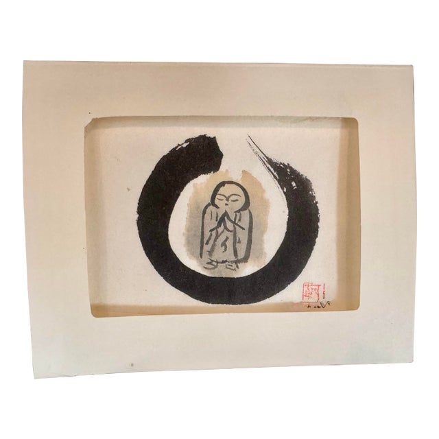 1980s Tengaro Ito Signed Ink Enso and Jizo Minimalist Zen Painting For Sale