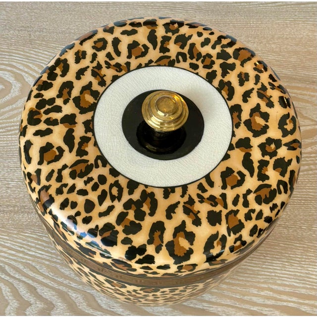 Stylish Port 68 Modern Round Ceramic Leopard Print Box, gold Greek Key design, showroom floor sample