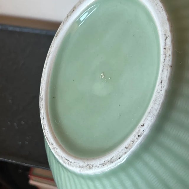 Celadon Antique Japanese Ribbed Porcelain Vase in Celadon Glaze With Braided Detail and Crab Fishne For Sale - Image 8 of 9