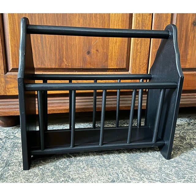 Vintage Mid 20th Century Primitive Americana Style Black Wood Magazine Rack For Sale - Image 4 of 10