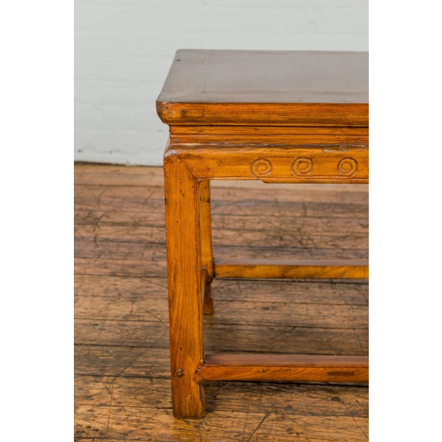 Burnt Orange Chinese Elm Qing Dynasty Period Side Table with Horse Hoof Legs and Stretchers For Sale - Image 8 of 12