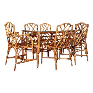 Mid-20th Century Restored Scorched Chippendale Rattan Cane Dining Set – Table and Six Chairs For Sale