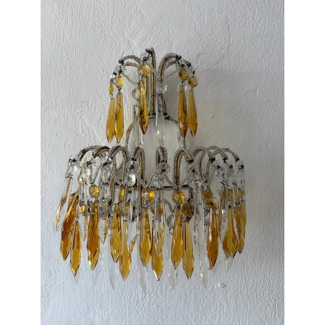 Yellow Italian Micro Beaded Yellow Amber & Clear Loaded Crystal Sconces, Circa 1920 For Sale - Image 8 of 11