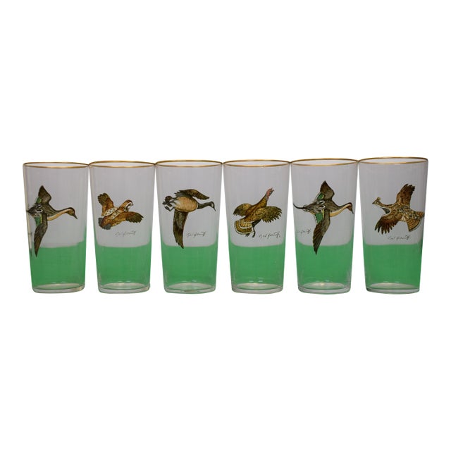 Set X 6 Cyril Gorainoff Hand Enamel Painted Gamebird Highball Cocktail Glasses For Sale