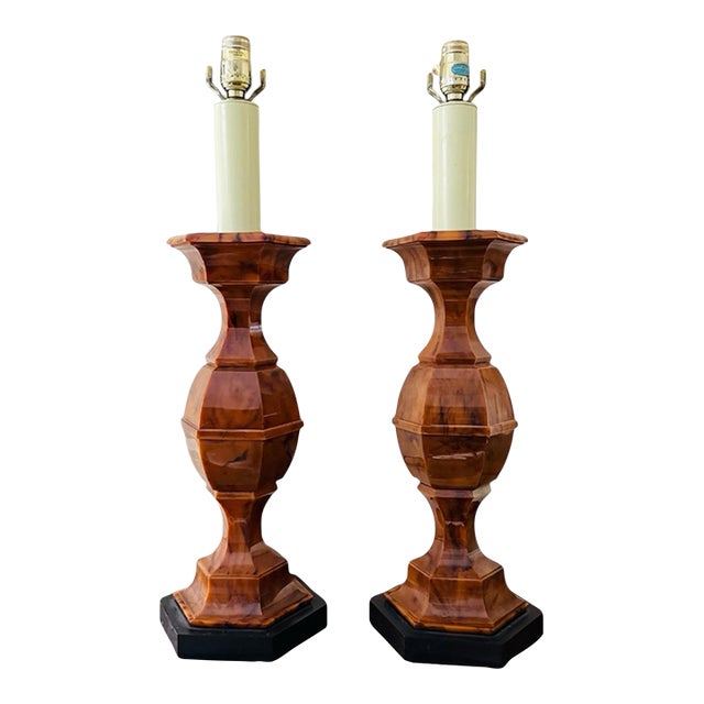 Vintage Stiffel Company Mid Century Modern Faux Tortoise Shell Table Lamps - A Pair For Sale