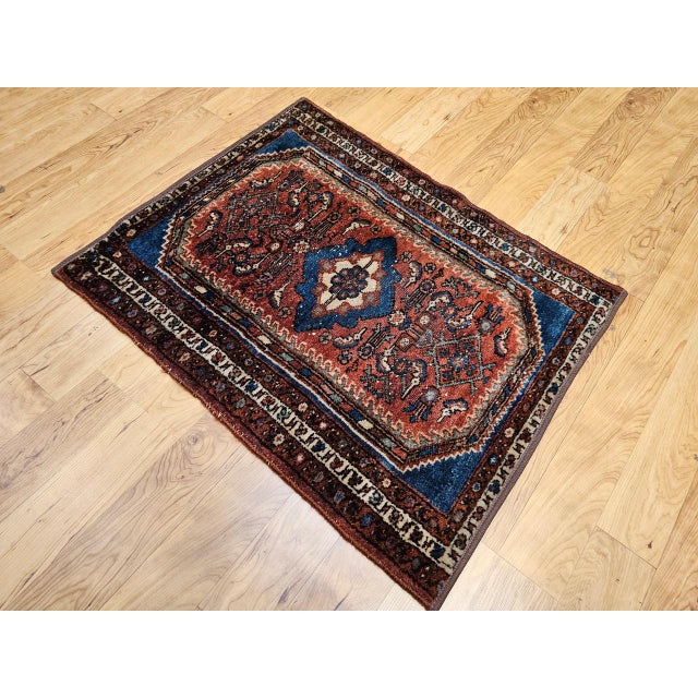 1900 - 1909 Vintage Persian Malayer Area Rug, Hand-Knotted Wool, Geometric Pattern, 2x3, Red & Blue For Sale - Image 5 of 8
