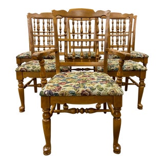 Vintage Ethan Allen Heirloom Maple Spindle Back Floral Upholstered Dining Chairs For Sale