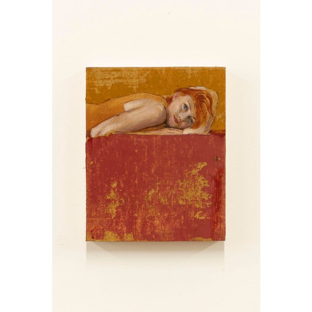 Orange and Red by J Louis | Oil on Cradled Panel Portrait of a Woman Lying on a Red Surface For Sale - Image 4 of 4