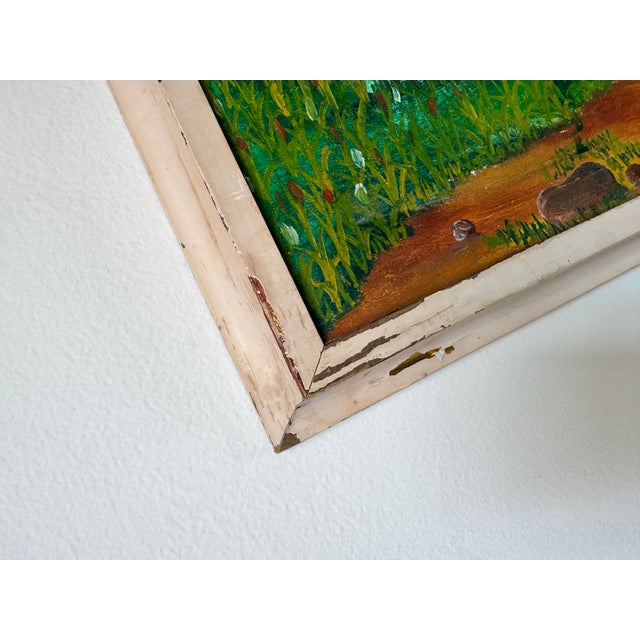 1970s Vintage Haitian Folk Art Landscape Oil Painting by F. Faramon For Sale - Image 10 of 12