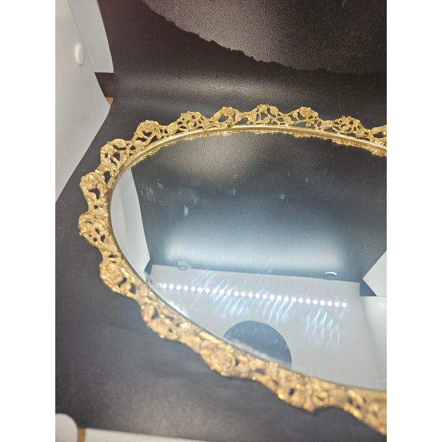 vintage Hollywood Regency gilt brass oval vanity display dresser mirror tray