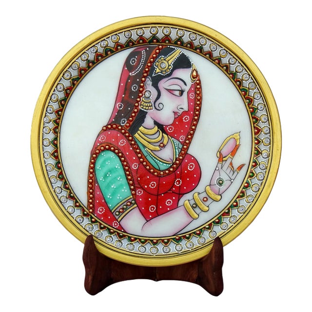 Marble Handicraft Plate Rajasthani Women Bani Thani Tribal Ethnic Hand Painted For Sale