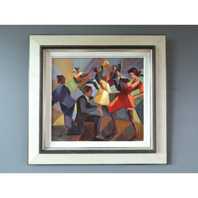 DANCE THE NIGHT AWAY Size: 16.9 x 17.9 inches (including frame) Oil on board A lively, cubist-inspired depiction of a...