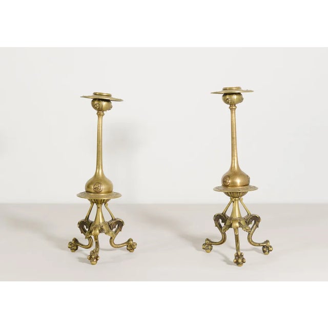 Art Nouveau Gothic Brass Candleholders, Set of 2 For Sale - Image 6 of 6