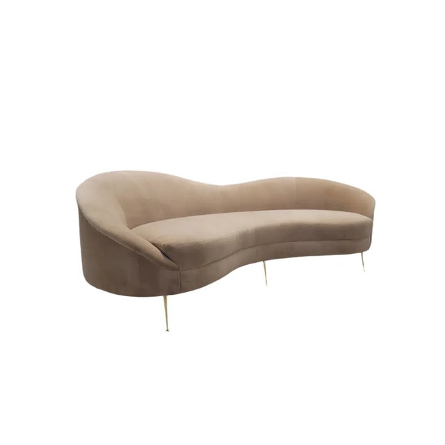 Camel Mid Century Modern Bruno Munari Style Curved Italian Sofa Newly Reupholstered in Italian Plush Camel Mohair Velvet For Sale - Image 8 of 9
