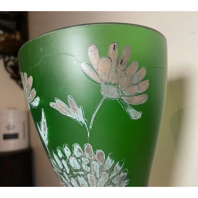 1920s Tall Antique Sterling Silver Overlay Cameo Frosted Green Glass Flower Vase For Sale - Image 5 of 12