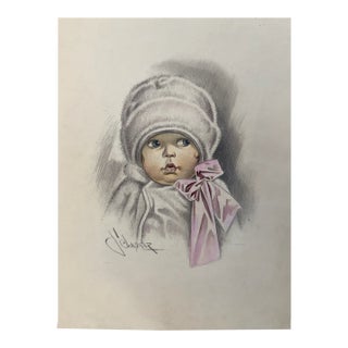 1940s Original Graphite Illustration of Child in Winter Bonnet With Pink Ribbon, 10.5 × 8 In. For Sale