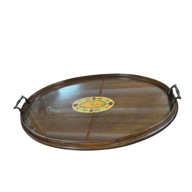 Mid 20th Century Vintage Federal Style Mahogany Serving Tray With Floral Inlay Medallion & Glass Insert For Sale - Image 5 of 6