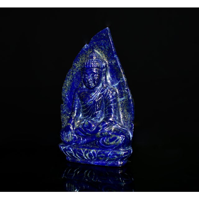 Lapis Lazuli Buddha Bodhi Leaf Indian Finely Carved Blue Natural Gemstone For Sale - Image 4 of 8