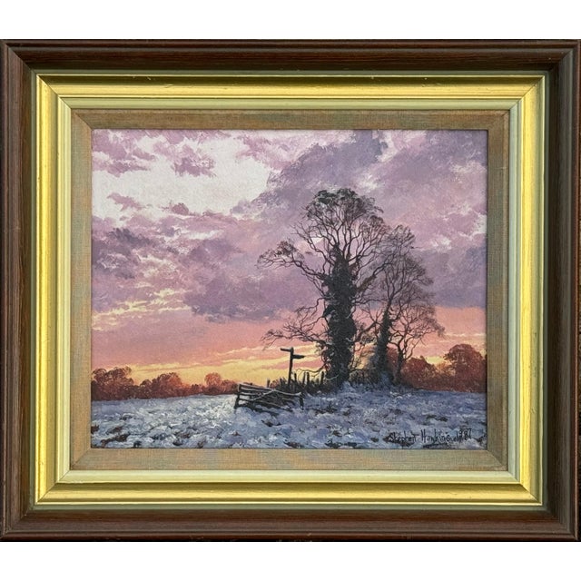 Winter Sunset with Snow - Pink, Orange & Purple Sky in the English Countryside 1987 For Sale