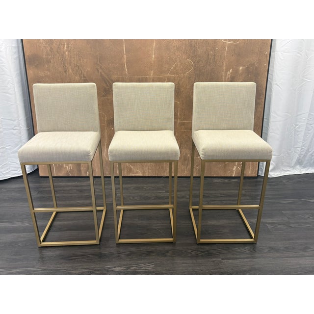 Rh Emery Armless Fabric Counter Stools – Set of 3 Perennials® Performance Textured Linen Weave – Sand | Burnished Brass | Counter Height For Sale - Image 10 of 18