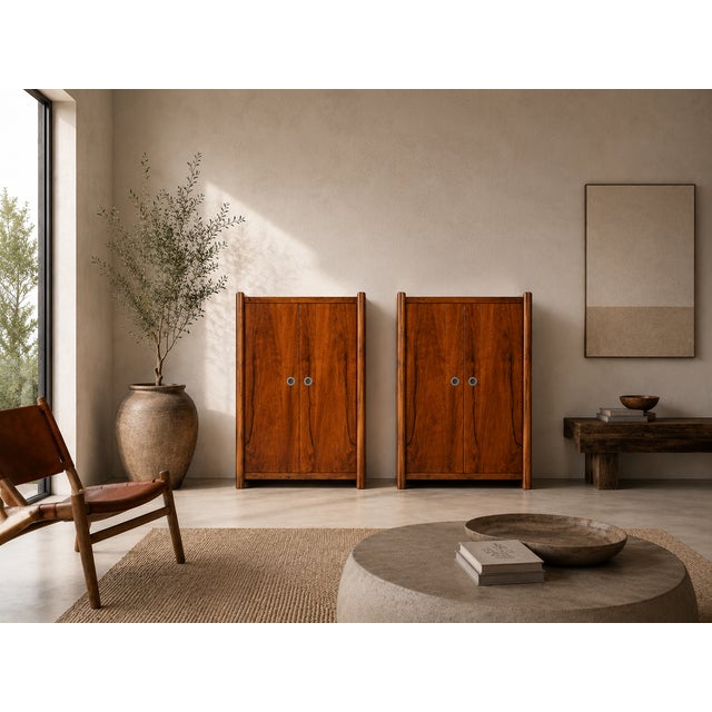 An elegant pair of tall Italian sideboards, made around 1980, characterized by their architectural proportions, the visual...