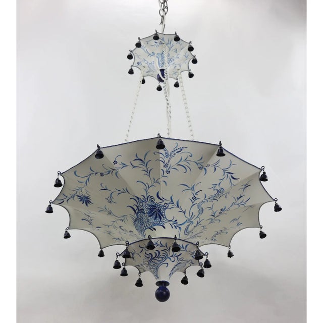Vintage Two Tiers Upside Down Umbrella Ceiling Chandelier With Bells, White/ blue in Arabasic Design style.three socket on...