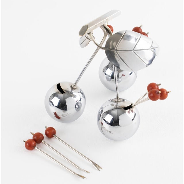 1930s 1930s Art Deco Giant Chrome Cherries Barware Cocktail Picks by Gouaille - 11 pcs For Sale - Image 5 of 11