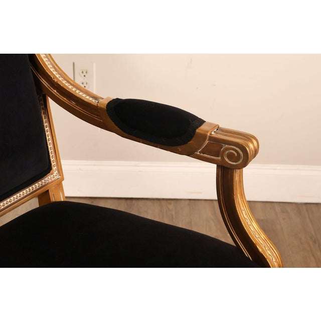 Late 20th Century Louis XVI Style Giltwood Armchair With Black Upholstery For Sale - Image 5 of 18