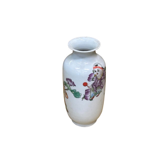 Chinese White Base Color Baizi Graphic Porcelain Art Vase For Sale - Image 4 of 10