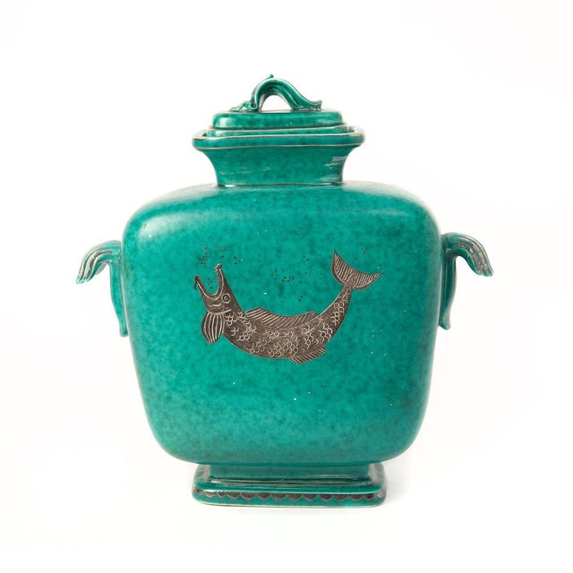 Wilhelm kåge. Lock urn, stoneware, "argenta" 1207, gustavsberg. green glaze with silver decoration. marked gustavsberg...